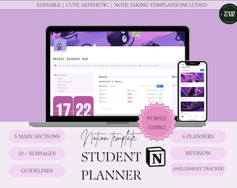 Purple Ghibli Student Planner: Digital Notion Template (Downloadable PDF File)