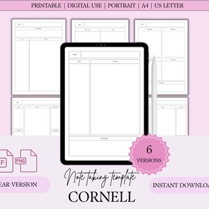 Peut inclure: Un modèle numérique de prise de notes au format Cornell, affiché sur une tablette avec un stylet. L'image présente six versions du modèle, avec le texte "Note taking template CORNELL" et "INSTANT DOWNLOAD". Des icônes de fichiers PDF et PNG sont également incluses.
