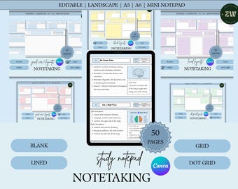 Editable Study Notepad: A5 A6 Landscape Layout (Canva Template)