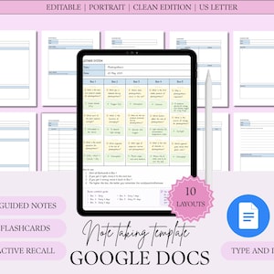 May include: A digital note-taking template for Google Docs displayed on a tablet screen, featuring a Leitner system study grid with five boxes, light blue and yellow color coding, and a white stylus. Includes ten layouts for study organization.
