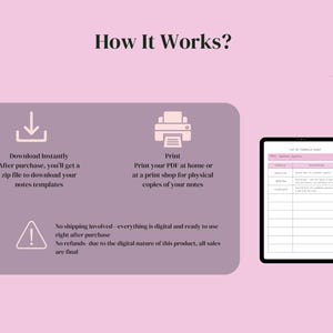 May include: A pink graphic with the text "How It Works?" and instructions for downloading and printing digital notes templates. A tablet displays a list of formulas. The image includes a logo and decorative stars.
