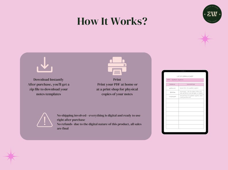 May include: A pink graphic with the text "How It Works?" and instructions for downloading and printing digital notes templates. A tablet displays a list of formulas. The image includes a logo and decorative stars.