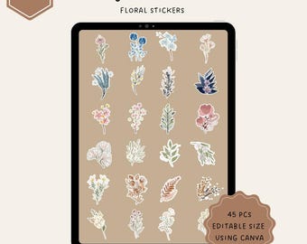 Floral Stickers: 45 Canva Printable Stickers for Journaling (PNG)