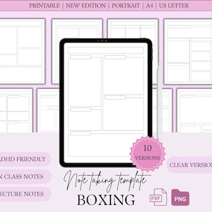 Op de afbeelding: Een digitale notitiesjabloon voor boksen, met een strak, minimalistisch ontwerp. De afbeelding toont een tablet omringd door verschillende papiersjablonen, allemaal met een rasterindeling. Tekst bevat "ADHD Friendly", "In Class Notes" en "Lecture Notes".