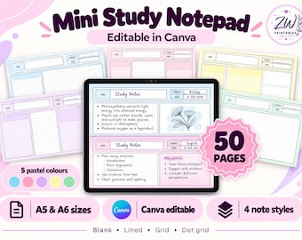 May include: A digital collection of mini study notepads featuring 50 pages in 5 pastel colors. The set includes A5 and A6 sizes with blank, lined, grid, and dot grid layouts. The templates are editable in Canva and display study notes.