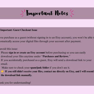 K&ouml;nnte beinhalten: Eine hellviolette Infografik mit der &Uuml;berschrift Important Notes und schwarzem Text, der Probleme beim Gast-Checkout auf Etsy erkl&auml;rt. Sie r&auml;t Nutzern, sich anzumelden oder ein Konto zu erstellen, um auf digitale Dateien zugreifen zu k&ouml;nnen.