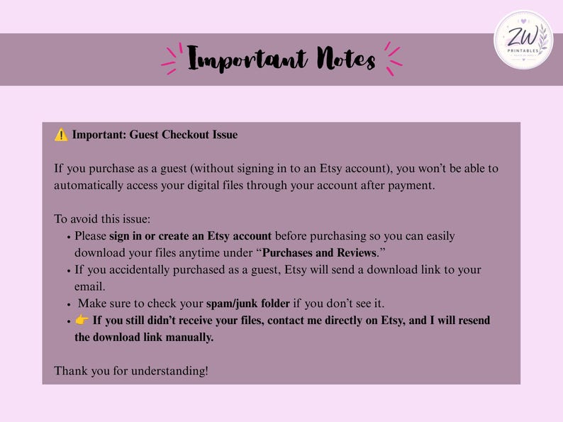 K&ouml;nnte beinhalten: Eine hellviolette Infografik mit der &Uuml;berschrift Important Notes und schwarzem Text, der Probleme beim Gast-Checkout auf Etsy erkl&auml;rt. Sie r&auml;t Nutzern, sich anzumelden oder ein Konto zu erstellen, um auf digitale Dateien zugreifen zu k&ouml;nnen.