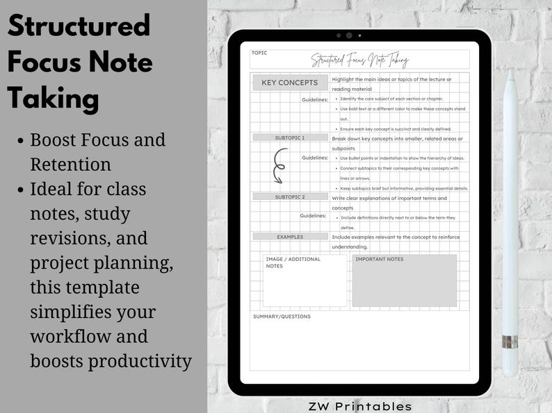 Note Taking Template, Structured Focus Notes, A4 & US Letter Size Note ...