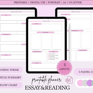 May include: Digital printable planner for essay and reading, featuring a boxing theme, article summary, and flow chart layouts. Includes 5 pastel colors and is available in A4 and US Letter sizes. The text on the image says "Printable", "Digital Use", "Portrait".