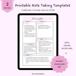 Plantilla para tomar notas de boxeo, página de notas imprimible, plantilla para tomar notas, nota para estudiantes, tamaño A4, carta de EE. UU., PDF imprimible, descarga instantánea en PDF