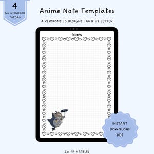 Plantillas de notas de Totoro, plantillas de notas de anime, notas kawaii, papel para notas de anime, papel para escribir, tamaño A4 y carta de EE. UU., descarga instantánea en PDF