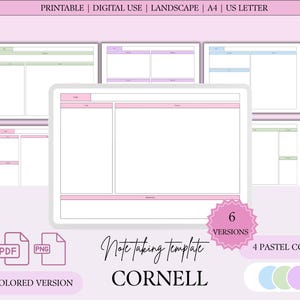 May include: A digital note-taking template in a Cornell format, available in six versions and four pastel colors. The image shows a tablet with a pink-bordered template, along with other templates in green, purple, and blue. Text includes "PRINTABLE" and "DIGITAL USE."