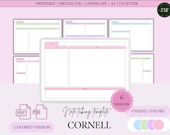 Colored Boxing Theme Cornell Notes Templates: 6 Layouts, Landscape (Digital PDF Download)