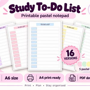 Pode incluir: Um bloco de notas digital imprimível Study To-Do List com 16 versões em 5 cores pastel. As folhas incluem opções de download em PDF prontas para imprimir em A6 e A4. O design exibe listas de tarefas pautadas com caixas de seleção coloridas.
