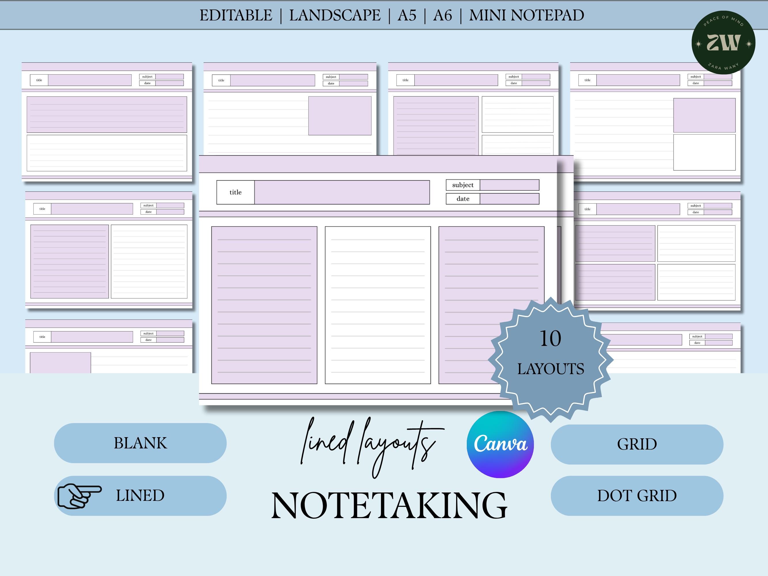Notepad Interface Layout Editable Study Notepad: A5 A6 Landscape Layout (canva Template) - Etsy
