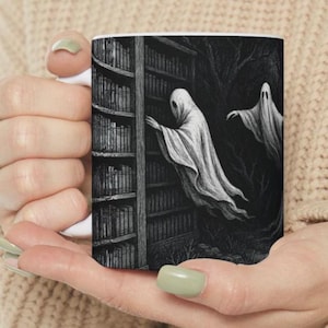 Gruselige Geister Buchliebhaber Becher, Festliche Halloween Keramikbecher, Herbstästhetik, Halloween-Thema, perfektes Geschenk für Lehrer, Herbstdekor-Geist-Tasse