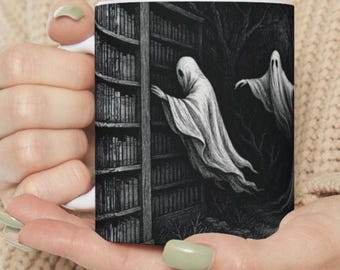 Spooky Ghosts Coffee Mug: Halloween Ceramic Cup, Book Lover Gift