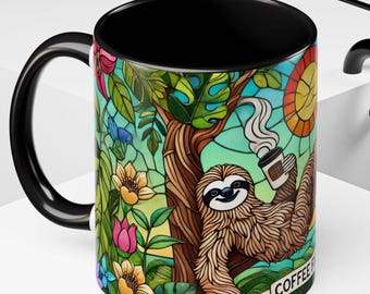 Sloth Stained Glass Style Jungle Art, Funny Coffee First Cup Lazy Morning Sloth Gift, Tropical Animal Lover Mug, Jungle Wildlife