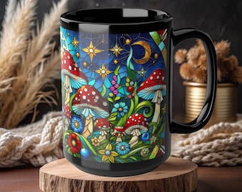 Caneca de café com cogumelo em vitral: design de fantasia de floresta ao luar