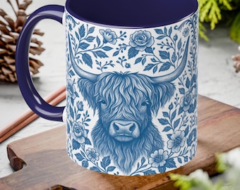 Blue Toile Highland Cow Mug, Vintage Cottagecore Coffee Cup