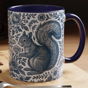 Blue Toile de Jouy Squirrel Mug: Vintage Cottagecore Coffee Cup
