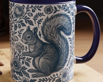 Blue Toile de Jouy Squirrel Mug: Vintage Cottagecore Coffee Cup