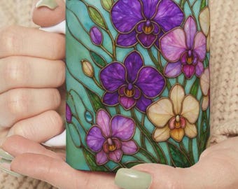Stained Glass Orchids Coffee Mug: Floral Ceramic Cup, Garden Decor