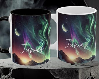 Personalized Northern Lights Mug - Custom Aurora Borealis Coffee Cup with Name - Celestial Art Design Gift for Him or Her