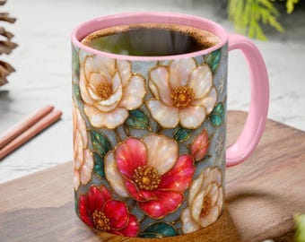 Winter Rose Stained Glass Mug Holiday Floral Art Coffee Cup, Christmas Gift for Her