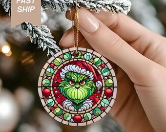 Grinch Ceramic Ornament, Stained Glass Design, Holiday Decor