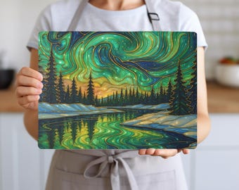 Aurora Borealis Tempered Glass Cutting Board, Stained Glass Art