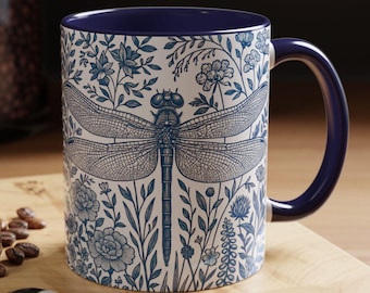 Blue Toile de Jouy Dragonfly Mug: Vintage Cottagecore Coffee Cup