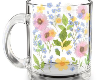Taza de vidrio prensado con flores silvestres: Vajilla floral para té y café (10 oz)