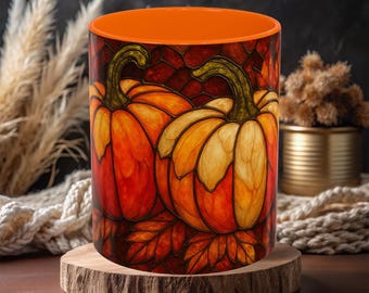Stained Glass Pumpkin Mug - Autumn Coffee Cup, Fall Vibes Gift