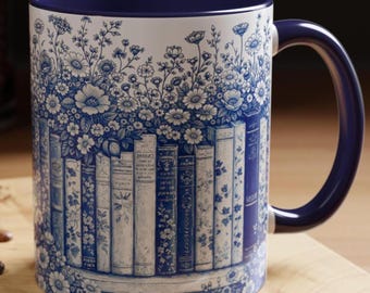 Book Lover Gift Mug, Librarian Coffee Cup, Dark Academia Mug, Floral Bookshelf Ceramic Mug, Reader Gift for Her, Cottagecore Mug Gift