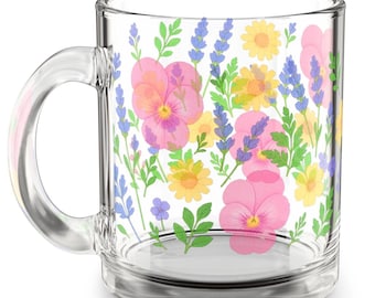 Pressed Flower Glass Mug, Colorful Floral Design, 10oz
