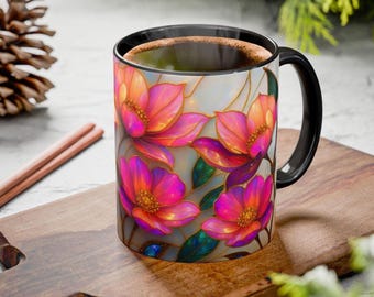 Magnolia Flower Coffee Mug: Pink Stained Glass style Floral Design
