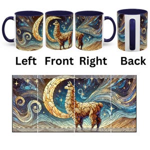 May include: A white ceramic mug with a blue interior and a colorful design of a llama standing in front of a crescent moon. The design features a stained glass style with blue, yellow, and brown colors. The background is a dark blue with white stars.