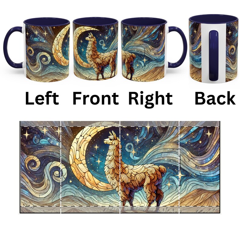 May include: A white ceramic mug with a blue interior and a colorful design of a llama standing in front of a crescent moon. The design features a stained glass style with blue, yellow, and brown colors. The background is a dark blue with white stars.