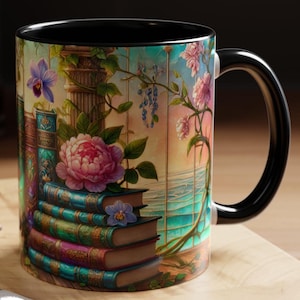 Bookshelf Floral mug, book lover coffee cup, Gift for Bookworm Readers, Bookish Merch for Librarian Teacher Mum Birthday Gift