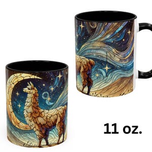 May include: A 11 oz. ceramic mug with a black rim and handle. The mug features a colorful illustration of a llama standing in front of a crescent moon and stars against a blue and gold background.