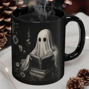 Gespenstische Lesebecher - Gruselige Kaffeetasse, Halloween-Dekor, Geschenk für Buchliebhaber, Hexengeschirr, Mysteriöse Teetasse, Wildblumen-Geist-Tasse