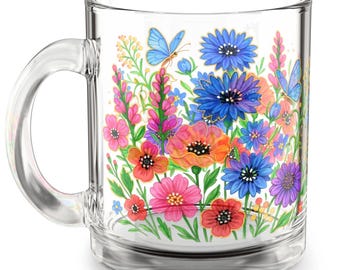 Floral Glass Mug: Colorful Tea & Coffee Cup, 10oz