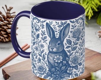 Toile de Jouy Bunny Mug, Blue Floral French Country Coffee Cup