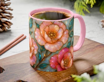 Rose Stained Glass styles Mug  Elegant Floral Coffee Cup for Nature Lovers