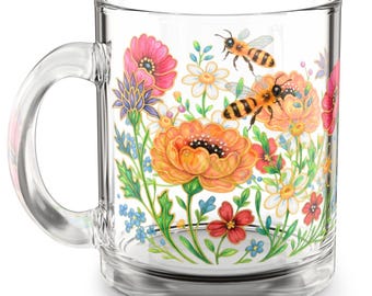 Floral Glass Mug: Cheerful Tea & Coffee Cup, Flower Lover Gift