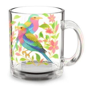 Botanical Bird Glass Mug: Colorful Floral Tea Cup