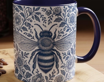 Blue Toile de Jouy Bee Mug: Vintage Cottagecore Coffee Cup