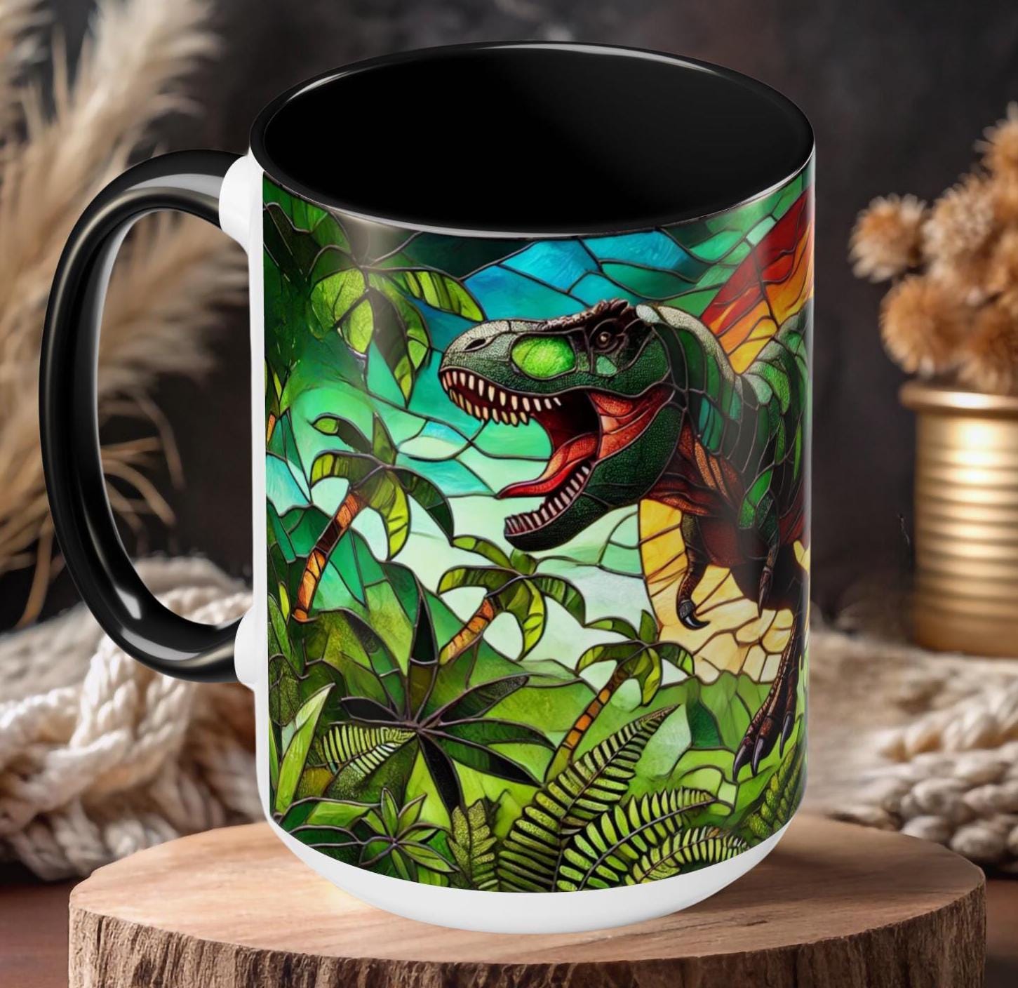 Dinosaur Mug, T-Rex Art Mug, Fantasy Dino Coffee Cup - Dino Gifts, 11oz or 15oz Black Ceramic Mug