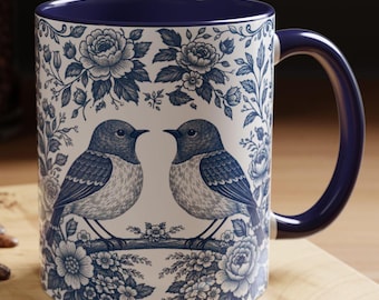 Blue Nordic Toile de Jouy Bird Mug, Vintage Floral Scandinavian Coffee Cup, Folk Art Love Birds, Cottagecore Boho Gift for Her